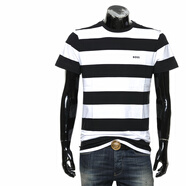 Hugo Boss 橙標(biāo) 男士時(shí)尚條紋休閑短袖圓領(lǐng)T恤 50499334 10252438 黑/白 1 2XL