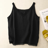 方沐霖純棉蕾絲花邊棉麻吊帶背心女薄款大碼胖mm寬松外穿內搭打底衫上衣 黑色 M