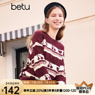 百圖betu女裝秋冬新款毛衣彩色條紋印花圖案套頭毛衫女2310T37 紅色 L