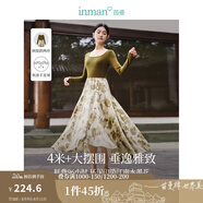 茵曼（INMAN）薄荷曼波新中式拼接連衣裙2024春女裝新品鎖骨方領(lǐng)顯瘦印花長裙 卡其色 M