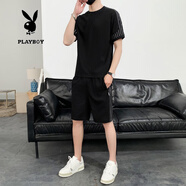 花花公子短袖t恤男套裝夏季潮牌男士半袖長(cháng)褲子一套仿亞麻T(mén)恤夏天冰絲套裝 MK2202黑色 M/165