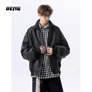 OEMG  美式咖色機(jī)車皮衣外套男士秋季痞帥飛行夾克潮牌寬松立領(lǐng)棒球服 黑色 XL [建議110-130斤]