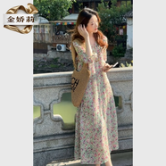 金嬌莉廣州十三行爆款連衣裙夏季女士連衣裙巨好看的粉色碎花連衣裙高端 碎花連衣裙 XL 建議130斤