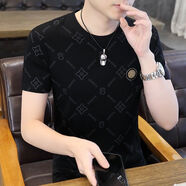 FOMOCE法曼斯新款夏季印花體恤短袖男新款修身潮牌休閑半袖燙鉆帥氣男裝 FMS2113黑色 M 適合80-100斤