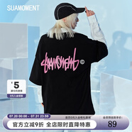 SuaMoment【嚴浩翔同款】SuaMoment抓痕基礎字母情侶T恤國潮流純棉短袖半袖 黑粉 XL