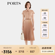 PORTS寶姿女裝春夏新款通勤襯衫領(lǐng)拼接百褶收腰短袖中長連衣裙 珍珠粉-1 L (8)