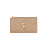 Saint Laurent/圣羅蘭 女士深米色壓花皮革金色金屬細(xì)節(jié)拉鏈開合卡包 深米色