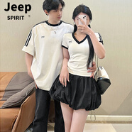 JEEP SPIRIT情侶裝美式運動正肩短袖t恤2025新款小眾設計感修身短款V領上衣火 女 白色正肩v領修身短款短袖 (單 S