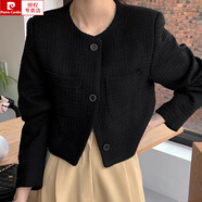 皮爾卡丹（pierre cardin）韓國(guó)chic秋季法式氣質(zhì)圓領(lǐng)別致紐扣雙口袋百搭長(zhǎng)袖小香風(fēng)短外套女 黑色 均碼