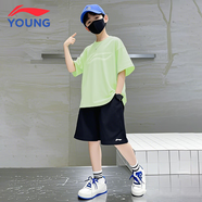 李寧兒童速干套裝夏季新款短袖短褲輕薄透氣排汗運(yùn)動套裝男大童兩件套 綠色棉質(zhì)速干t恤+黑色速干短褲 160 cm