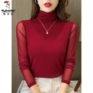 啄木鳥春秋裝新款高領(lǐng)網(wǎng)紗打底衫長袖t恤女士大碼修身內(nèi)搭蕾絲衫上衣潮 916棗紅色 M