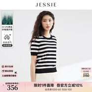 JESSIE時尚黑白條紋圓領顯瘦針織衫毛衣女23春夏新款 黑色 XL