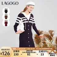 lagogo新款文藝條紋連帽長(zhǎng)袖直筒裙女拉谷谷冬季新款寬松連衣裙 藏青白(MV) L 165/40