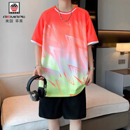 AEMAPE冰絲短袖t恤男士夏季2025新款籃球服套裝青少年休閑運動(dòng)兩件衣服 TZ03橙色套裝 M 約100-120斤可穿