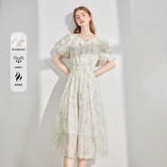 米萊達(dá)（MEETLADY）優(yōu)雅小V領(lǐng)碎花連衣裙女2024夏新款泡泡袖收腰裙仙女裙子 白色 S