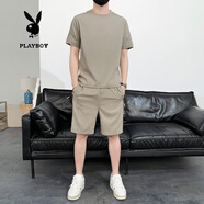 花花公子短袖t恤男套裝夏季潮牌男士半袖長(cháng)褲子一套仿亞麻T(mén)恤夏天冰絲套裝 MK2202卡其 L/170