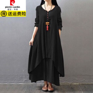 皮爾卡丹（pierre cardin）2025棉麻長(cháng)袖連衣裙女新款文藝民族風(fēng)白色裙子禪意長(cháng)裙亞麻連身裙 黑色 XL