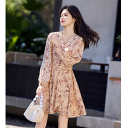 尚靜法式優(yōu)雅碎花荷葉裙25年秋新浪漫系帶V領(lǐng)氣質(zhì)A字連衣裙