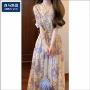 棉致法式浪漫彩色提花蕾絲拼接V領連衣裙收腰抽繩氣質(zhì)長裙氛圍感女裝 圖片色裙長118優(yōu)質(zhì)版 M96-110 均碼