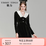 糖力【商場(chǎng)同款】冬季新款黑色絲絨連衣裙女 黑色 S