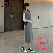 AEMAPE黑色連衣裙夏季女氣質(zhì)長(zhǎng)裙2025新款裙子開(kāi)叉收腰褶皺顯瘦包臀裙子 灰色 XL 建議115-125斤左右
