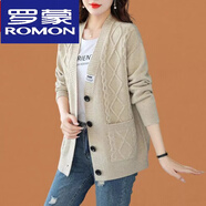 羅蒙（ROMON）秋冬新款羊毛衫女寬松針織開(kāi)衫女士中年羊絨毛衣時(shí)尚外套中長(cháng)款 米白色 3XL 建議135-150斤