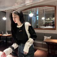 伊琦蕾設計感小眾針織衫女裝2026春秋黑白拼色上衣女露肩鏤空短款毛衣 黑色 M