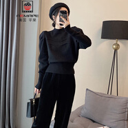 AEMAPE黑色半高領(lǐng)泡泡袖毛衣女春秋時(shí)尚法式復(fù)古內(nèi)搭針織打底衫加厚上衣 黑色 M (95-105斤拍)