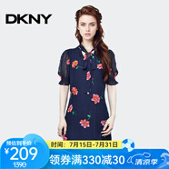 唐可娜兒（DKNY）【京東奧萊】夏季新款印花雪紡連衣裙女時(shí)尚收腰顯瘦氣質(zhì)短袖DD2A 黑色 M
