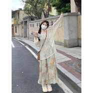 GOYN胖mm300斤吊帶連衣裙女特大碼夏季微胖mm收腰A字顯瘦遮肚裙子套裝 針織罩衫+吊帶裙套裝 L _80-110斤