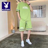 花花公子;PLAYBOY潮牌套裝男2025年夏季新款休閑百搭短袖短褲經(jīng)典帥氣舒適搭配一套 715 果綠套裝 （專柜品質(zhì)） M (90-105斤)