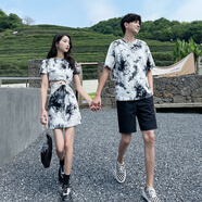 2025新款夏季情侶裝夏裝一男一女套裝扎染連衣裙短袖襯衫一衣一裙 圖片色 L 男T