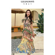 LULUALWAYS【商場同款】25夏季新款西西里法式復古露肩連衣裙蛋糕裙宴會禮服 綠色 M