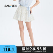 三福半身裙2024夏季碎花防走光內(nèi)襯雙層短裙女裝483825 白底藍花（花邊下擺） 165/68A/M