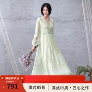 生活在左時裝周同款繡花桑蠶絲真絲連衣裙女裝修身中長款長裙子 淺蘭色 XL
