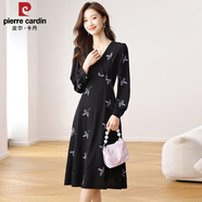 皮爾卡丹（pierre cardin）高端女裝長(cháng)裙子2025新款早春秋洋氣質(zhì)V領(lǐng)雪紡連衣裙 黑色 L (105-115斤)
