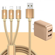 華為（HUAWEI）適用三合一充電器線(xiàn)快充一拖三數(shù)據(jù)線(xiàn)套裝帶插頭雙口usb充電線(xiàn)多 套裝--土豪金【一拖三數(shù)據(jù)線(xiàn)+雙USB口充電器】 1.2m