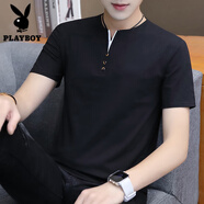 花花公子（PLAYBOY）短袖t恤男士春夏季寬松潮流潮牌V領(lǐng)體恤上衣服百搭百搭純棉打底衫 A-120黑色 M