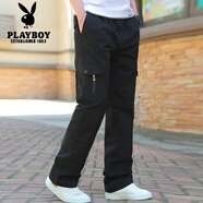 花花公子深灰色大碼工裝褲子男夏季寬松直筒男士休閑褲中青年大碼長(cháng)褲運動(dòng) 黑色[純棉大碼褲] L [建議100-125斤]