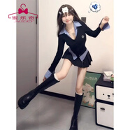 蜜樂(lè )奇套裝女2026春秋韓系辣妹格子拼接假兩件純欲上衣高腰半身裙兩件套 一套版(短裙+假兩件上衣) S 【建議80-95斤】