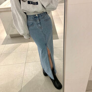 釗聞RHGD日韓女裝2023春季新品街頭風(fēng)高腰性感前開叉牛仔半身裙百 藍(lán)色 S
