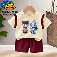 G.duck哪吒2025新款兒童夏季純棉短袖T恤套裝男女童夏袖寶寶上衣國潮風 2016# 花邊T+酒紅短褲 90