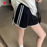 皮爾卡丹（pierre cardin）蕾絲邊百搭休閑熱褲女2025夏季薄款大碼寬松顯瘦時尚高腰闊腿短褲 黑色 M 【建議80-100斤】