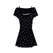 DXOT大碼胖mm梨型身材穿搭短袖碎花方領(lǐng)連衣裙女夏茶歇收腰顯瘦長(cháng)裙子 黑色短裙【優(yōu)質(zhì)款】 M 建議95-105斤