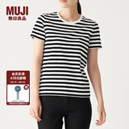 無(wú)印良品 MUJI 女式 印度棉天竺編織 圓領(lǐng)短袖T恤 BBB01A0S 白色X條紋 M
