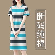 撿漏純棉剪標(biāo)洋裝女2025新款夏季減齡短袖遮肚中長裙 湖藍(lán) 2XL 建議125-140