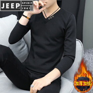 JEEP SPIRIT春秋季男士長袖T恤潮流上衣服V領(lǐng)加絨加厚修身內(nèi)搭打底衫秋衣外穿 818黑色【加絨】 加厚 M 建議90-105斤