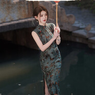 綠色無(wú)袖國風(fēng)長(cháng)款改良旗袍2025新款女新中式復古修身日?？纱┫募?SC20720綠 M