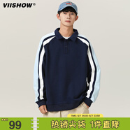 viishow美式正肩polo衫衛(wèi)衣潮牌拼色長袖t恤男生翻領(lǐng)重磅打底衫男 藏青 S