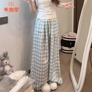 乖甜星夏季新款鹽甜系穿搭韓系修身辣妹短袖上衣百搭高腰格子闊腿褲套裝 格子闊腿褲【右口袋】單長(zhǎng)褲 S 【75-90斤】